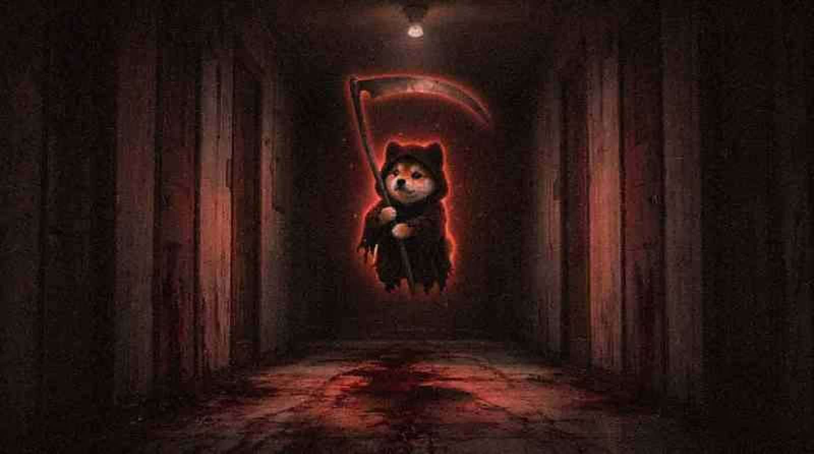 A tiny shiba inu in a grim reaper hood holding a huge scythe in a dark, bloody hallway